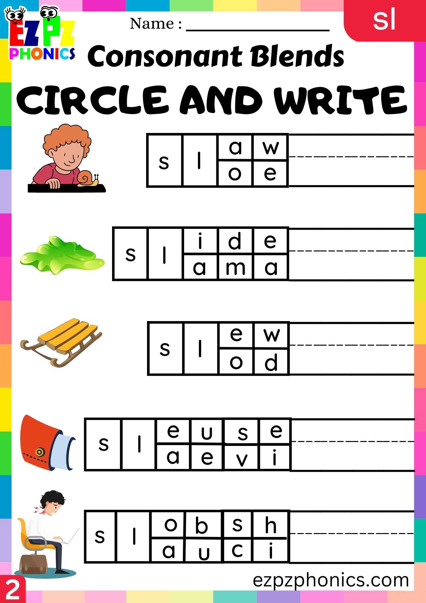 Group2 SL Words Circle And Write Phonics Consonant Blends Worksheet